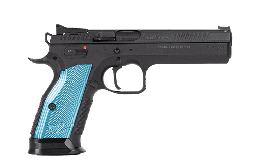 CZ 75 TS2 9mm, 5.28" Barrel, Cyan Grip, Black Frame, 10rd