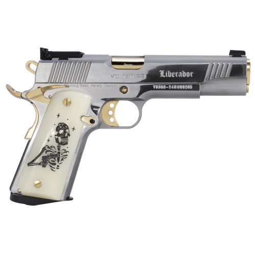 Girsan MC1911 Liberador III 9mm, 5" Barrel, Silver W/ Gold Trim, Engraved Pearl Grip, 10rd